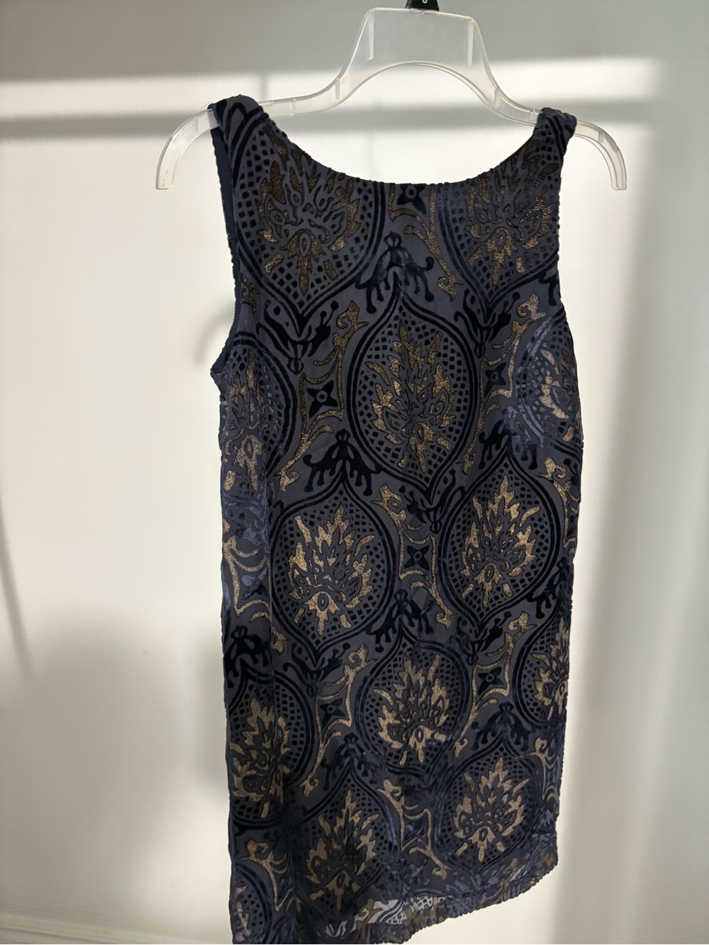 Navy & Gold Suede Sleeveless Lace Overlay Dress